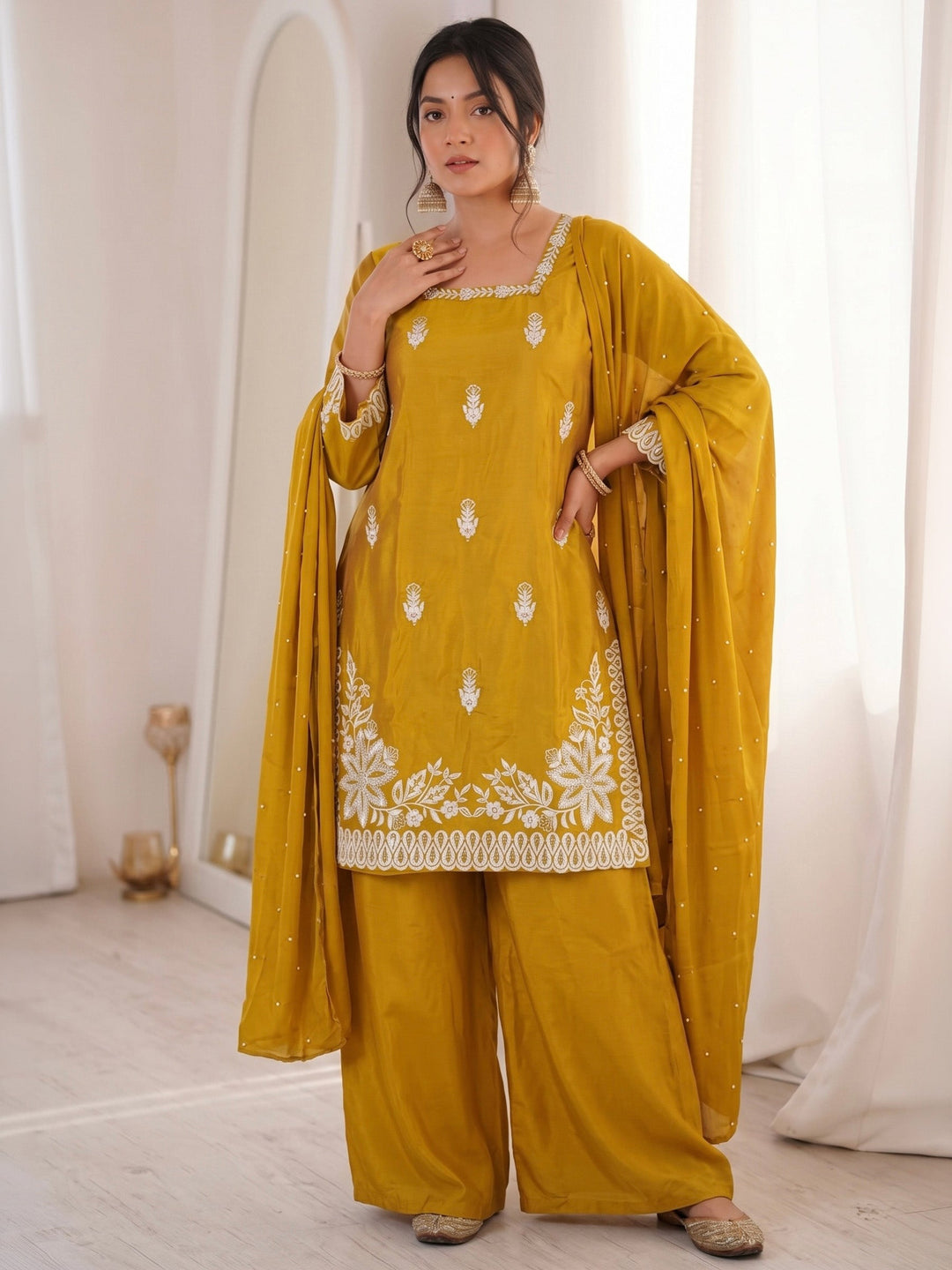 Mustard Embroidered Art Silk Kurta Palazzo with Dupatta