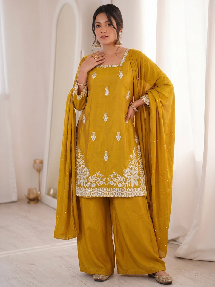 Mustard Embroidered Art Silk Kurta Palazzo with Dupatta