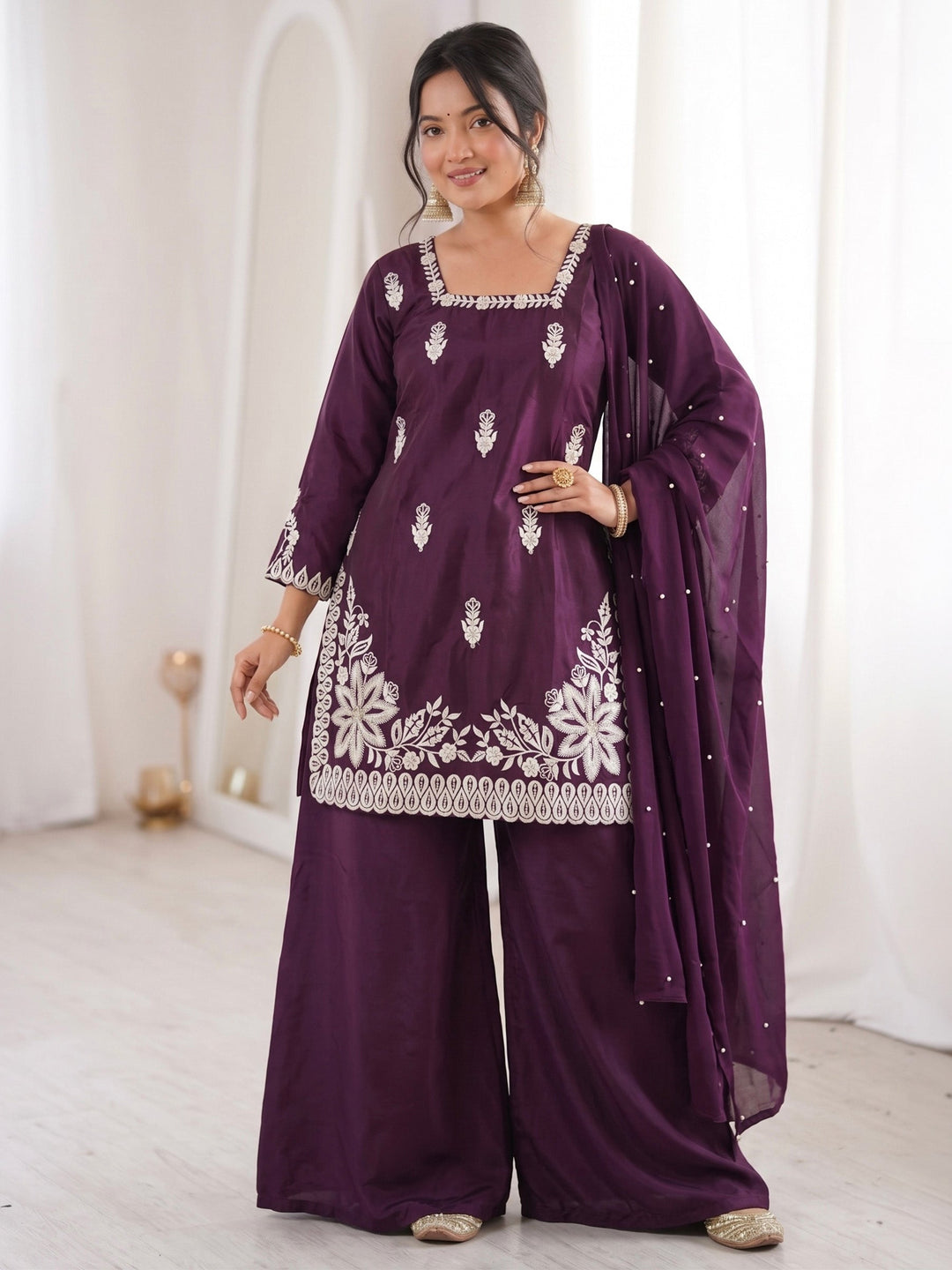 Purple Embroidered Art Silk Kurta Palazzo with Dupatta