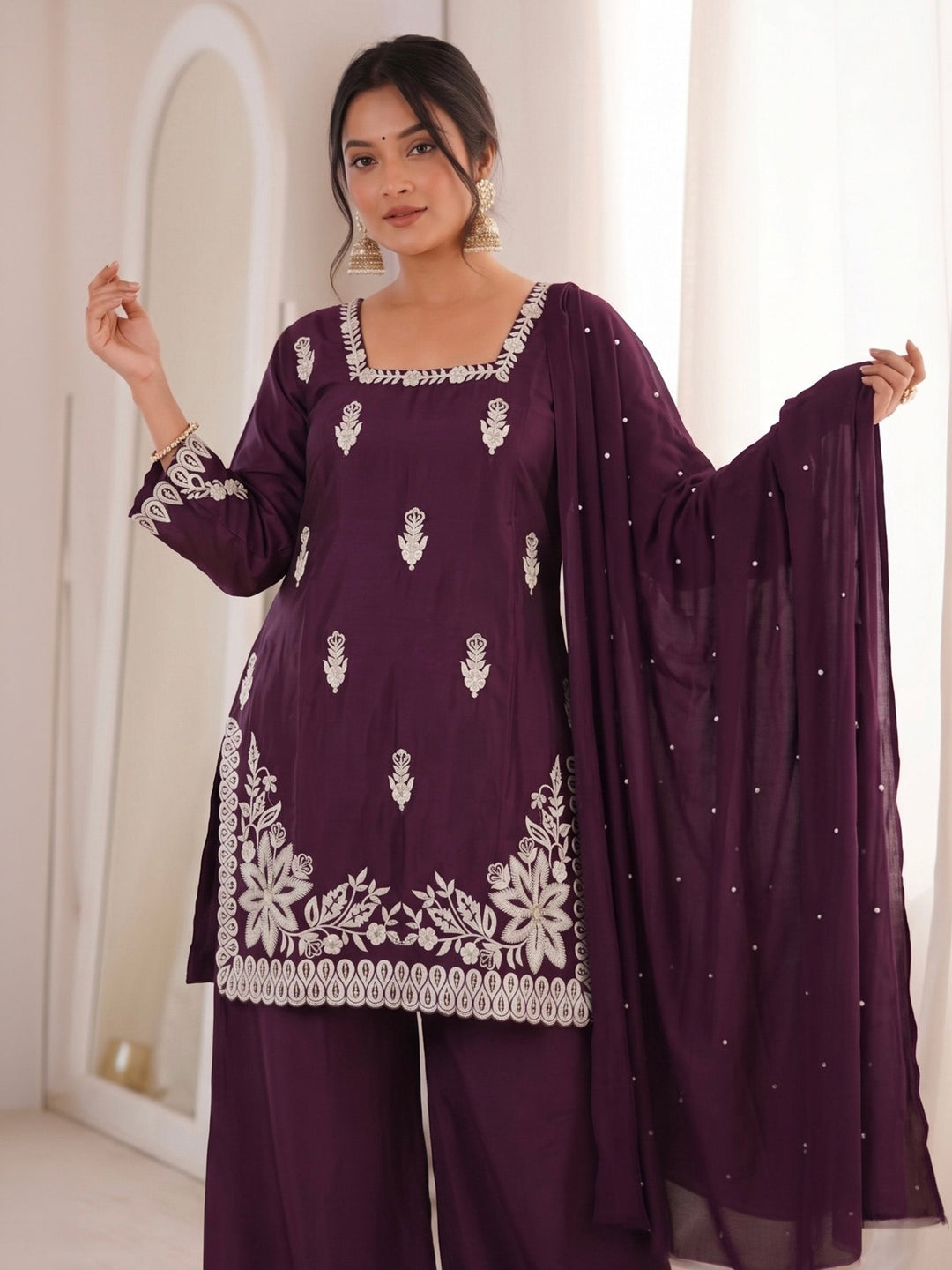 Purple Embroidered Art Silk Kurta Palazzo with Dupatta
