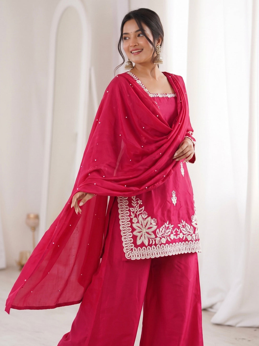 Rani Embroidered Art Silk Kurta Palazzo with Dupatta