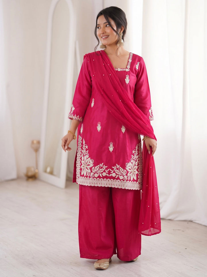 Rani Embroidered Art Silk Kurta Palazzo with Dupatta