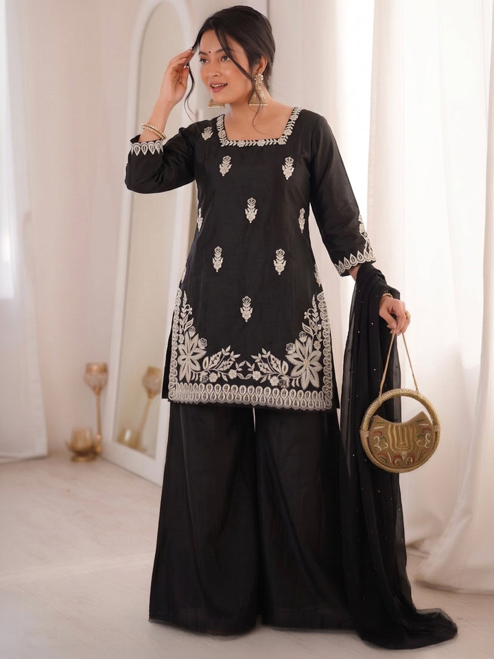 Black Embroidered Art Silk Kurta Palazzo with Dupatta