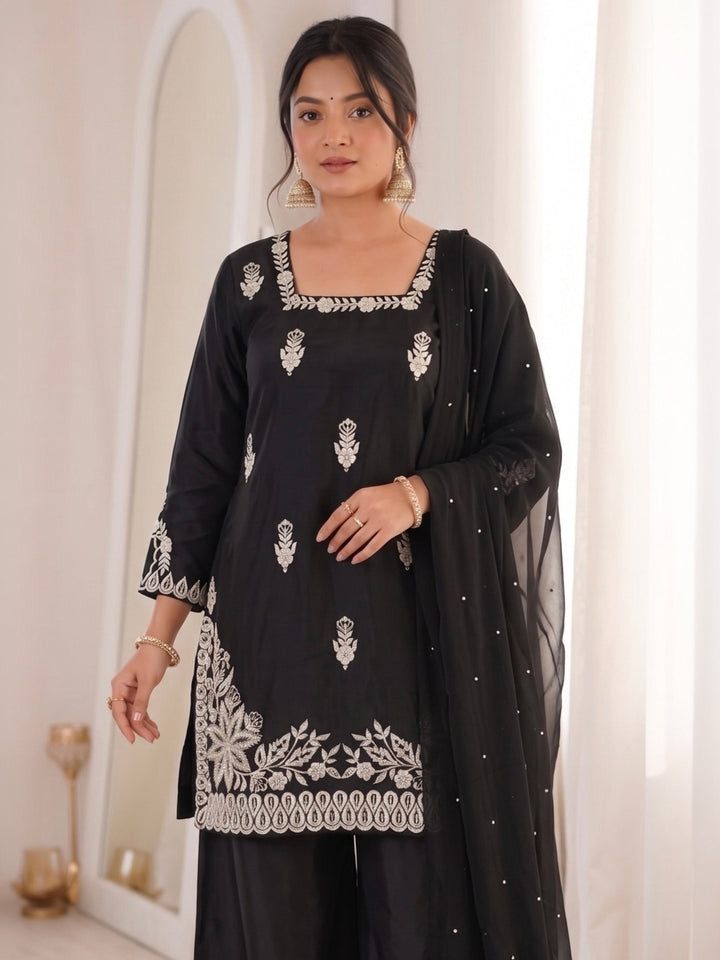 Black Embroidered Art Silk Kurta Palazzo with Dupatta
