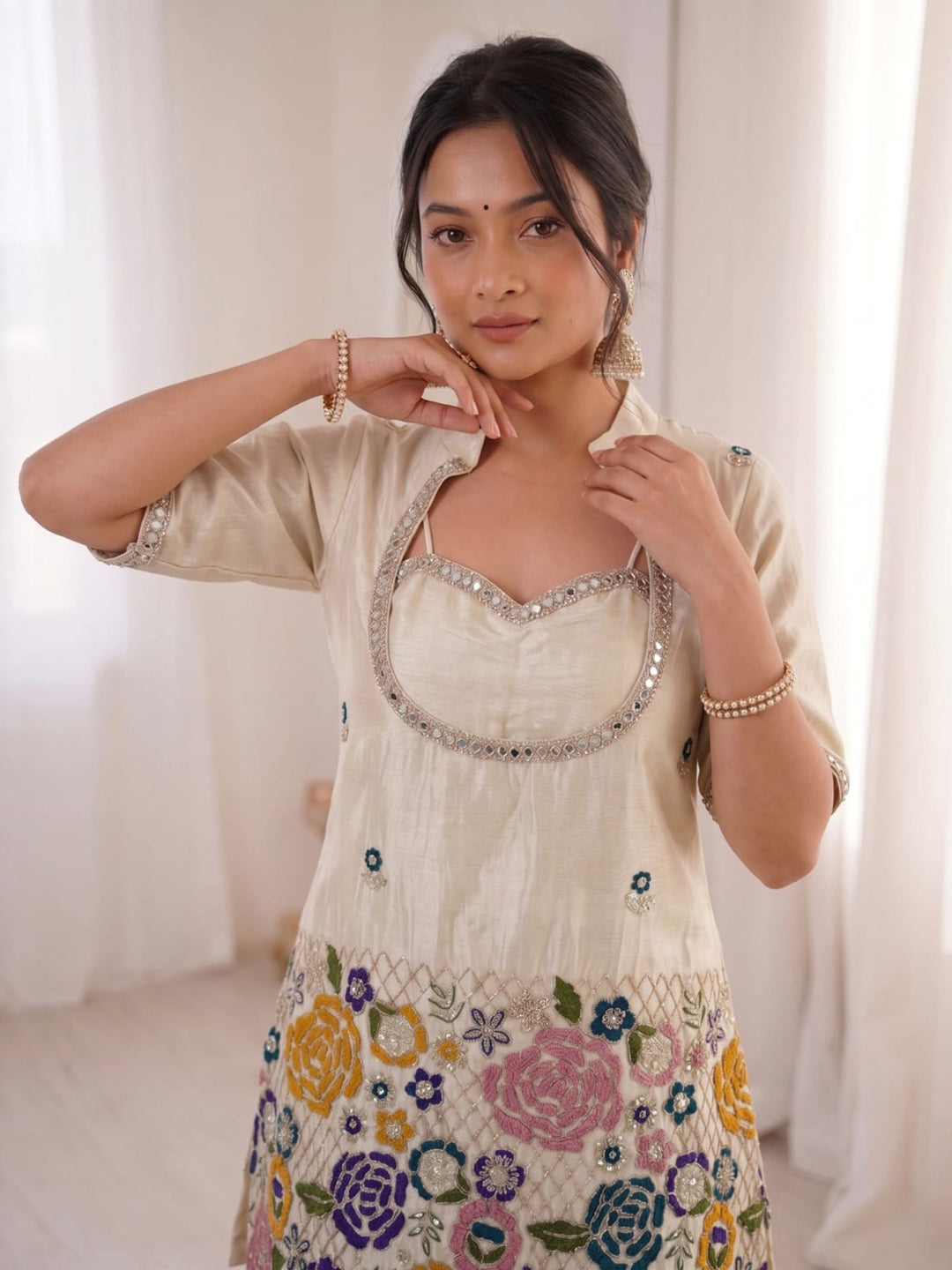 Beige Embroidered Tissue Kurta Palazzo with Dupatta