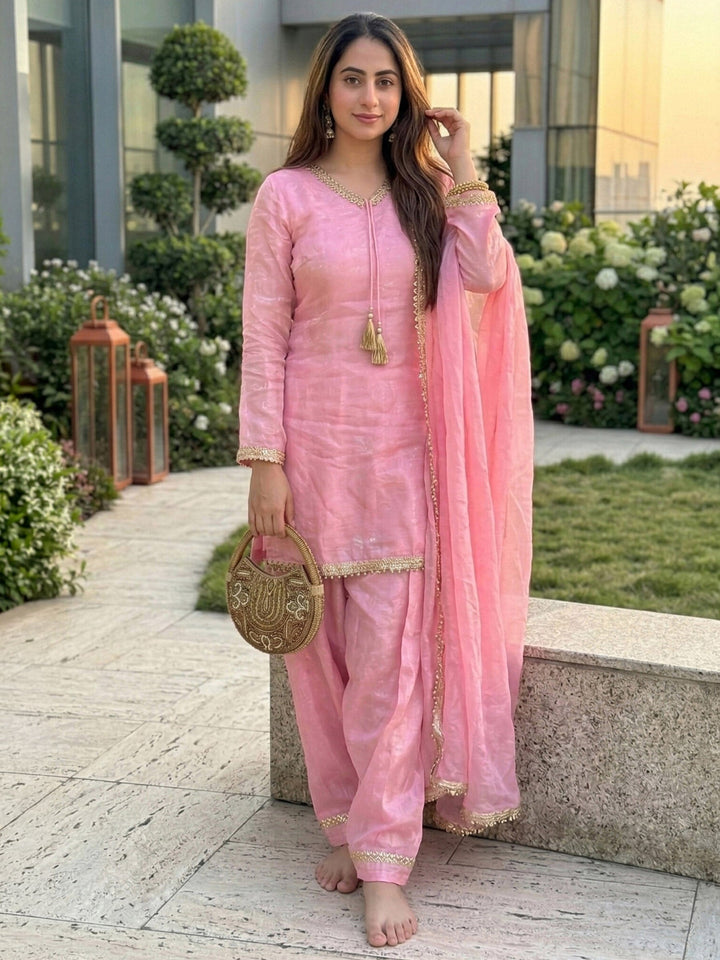 Pink Embroidered Satin Kurta Salwar with Dupatta