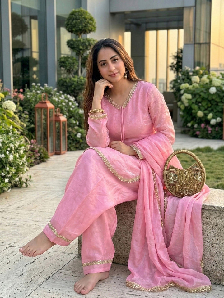 Pink Embroidered Satin Kurta Salwar with Dupatta