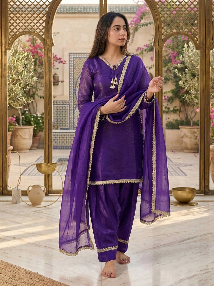 Purple Embroidered Satin Kurta Salwar with Dupatta