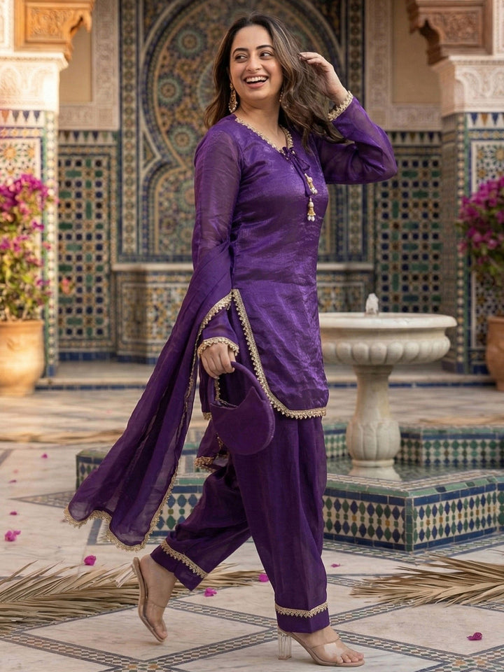 Purple Embroidered Satin Kurta Salwar with Dupatta