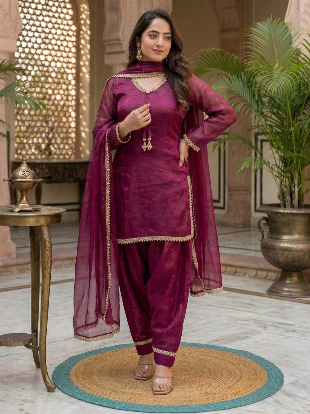 Wine Embroidered Satin Kurta Salwar with Dupatta