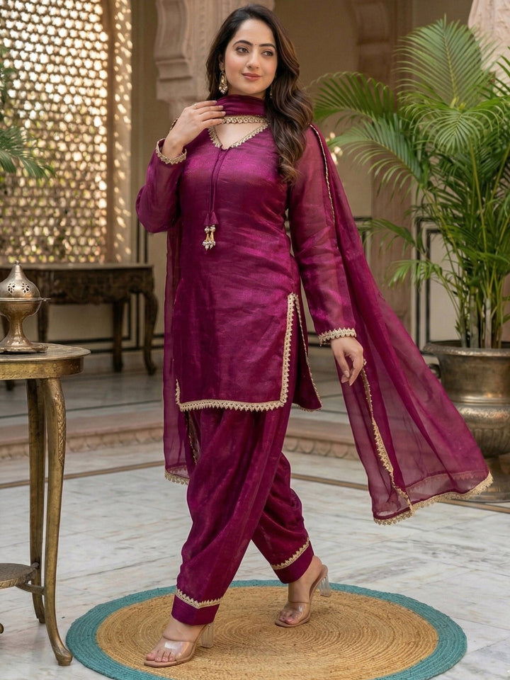 Wine Embroidered Satin Kurta Salwar with Dupatta