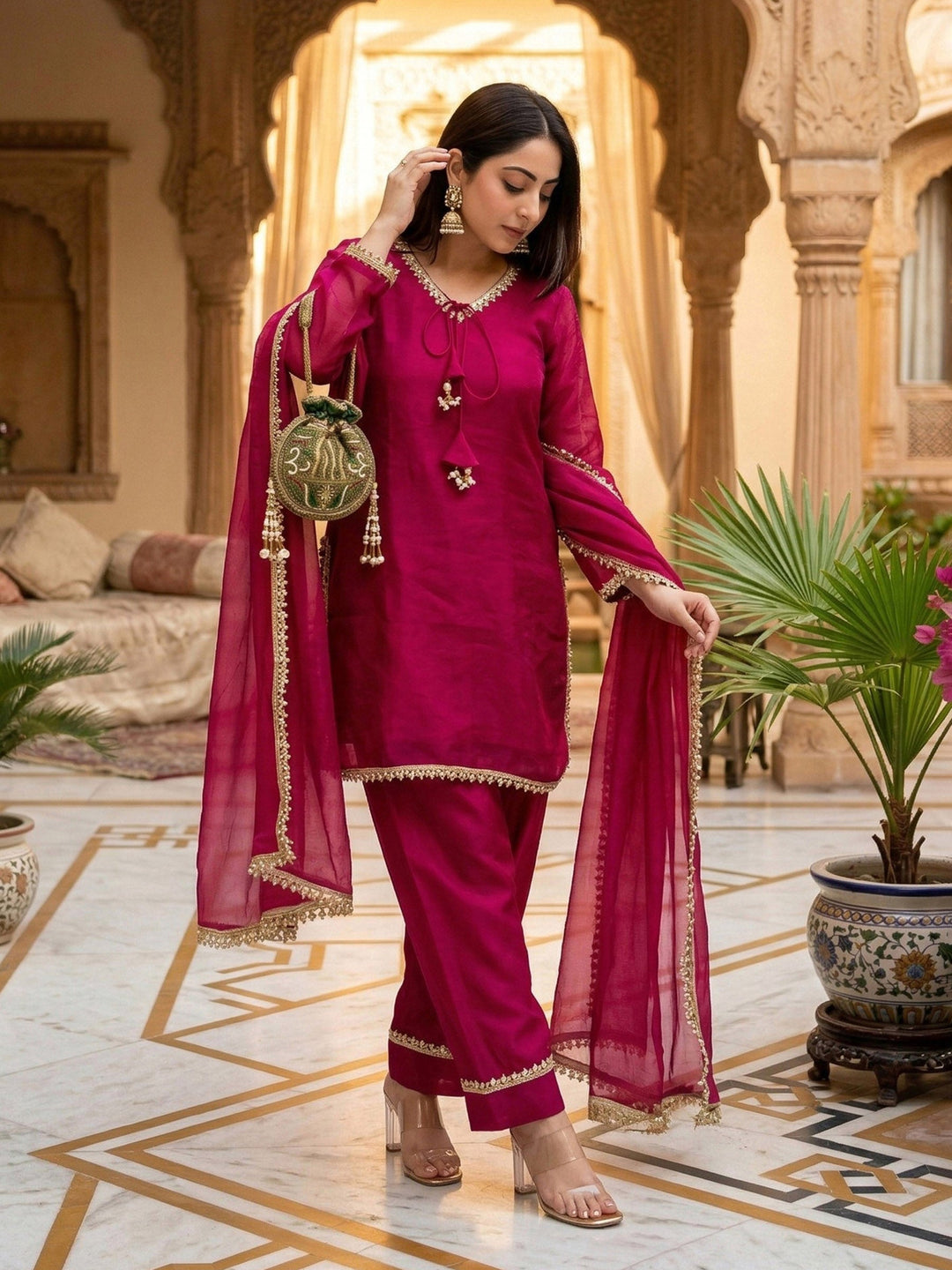 Rani Embroidered Satin Kurta Salwar with Dupatta