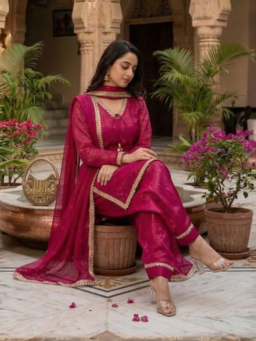 Rani Embroidered Satin Kurta Salwar with Dupatta