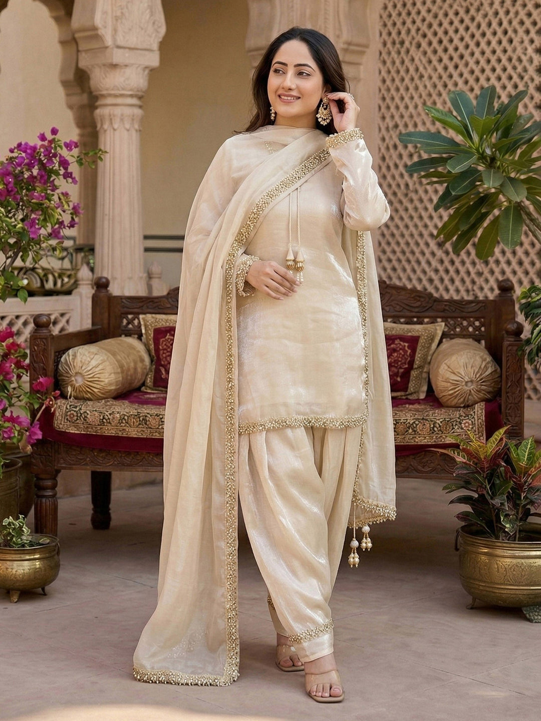 Beige Embroidered Satin Kurta Salwar with Dupatta