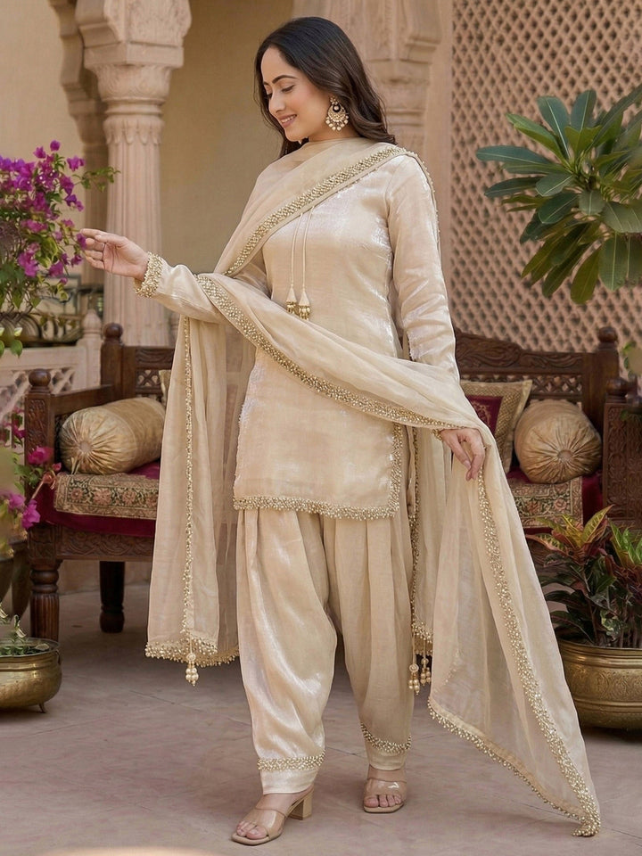 Beige Embroidered Satin Kurta Salwar with Dupatta
