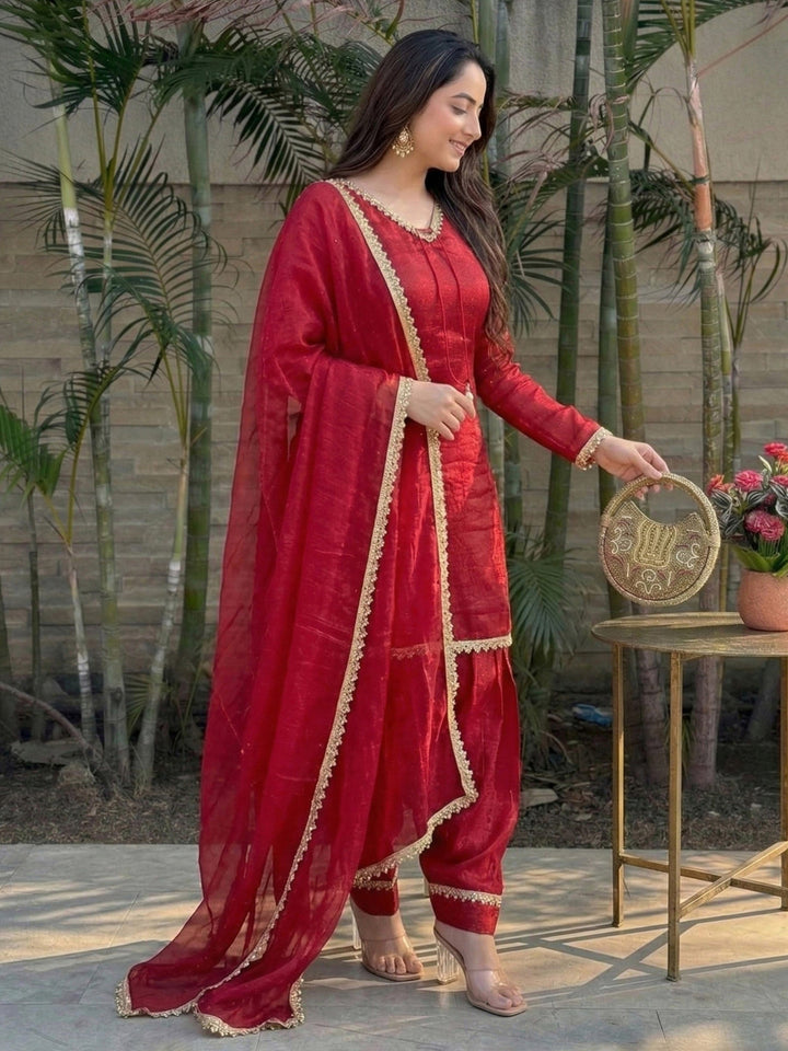 Red Embroidered Satin Kurta Salwar with Dupatta