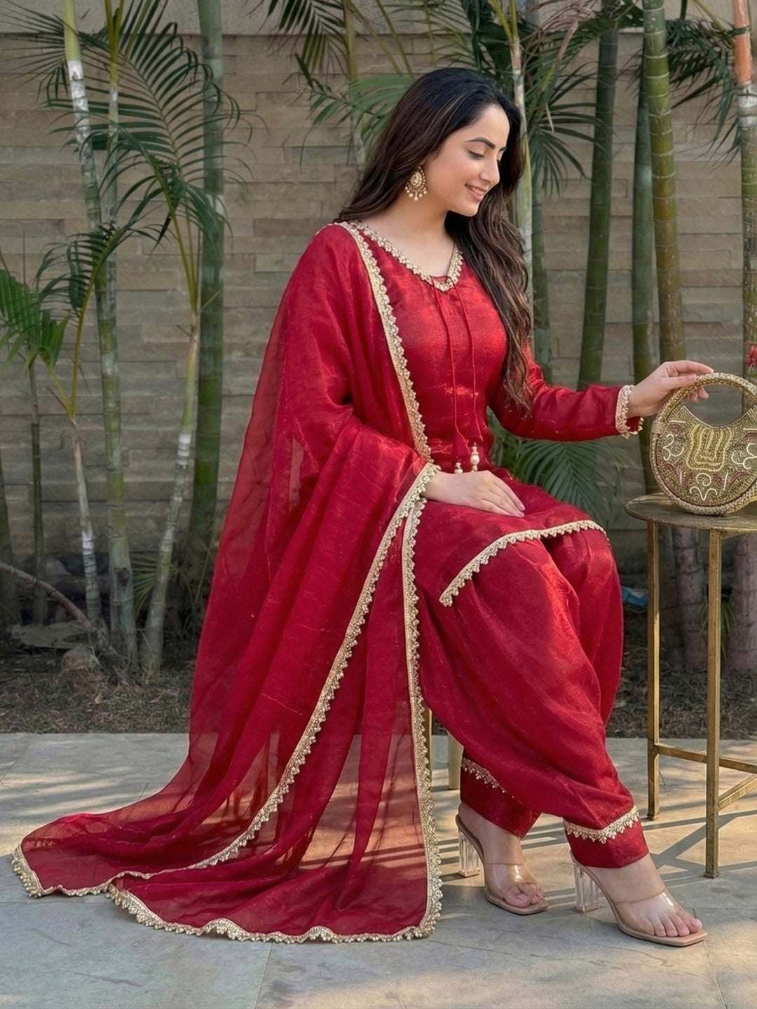 Red Embroidered Satin Kurta Salwar with Dupatta