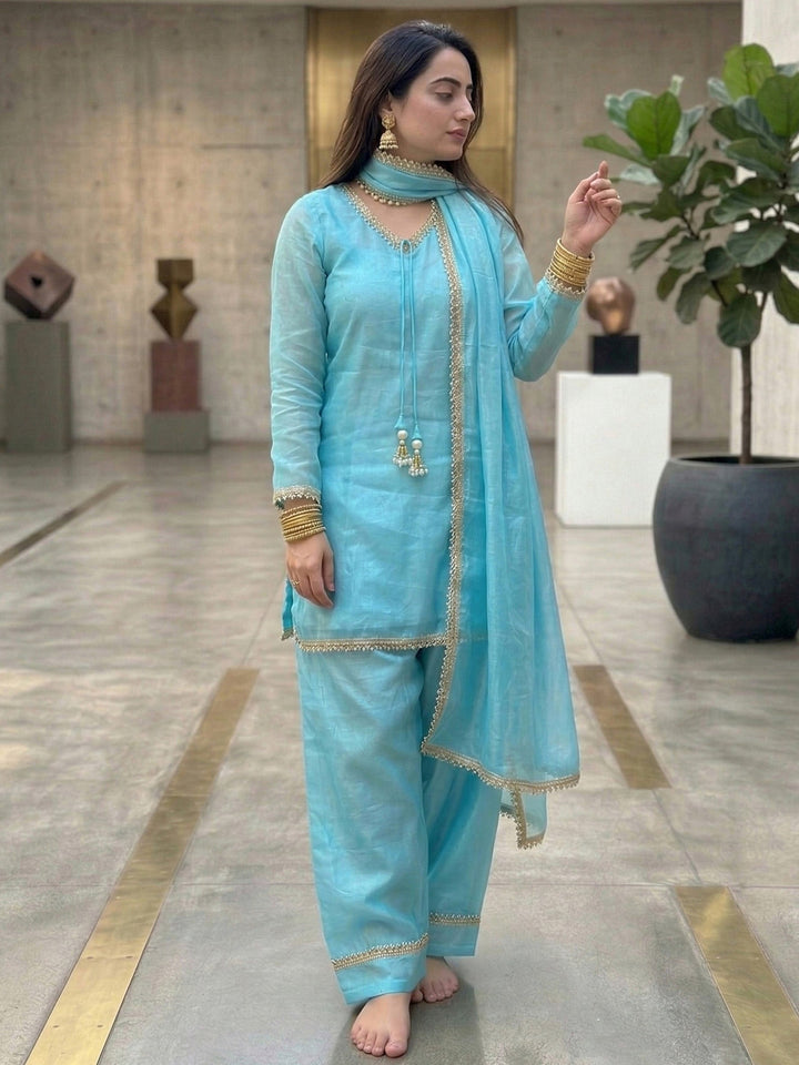 Sky Blue Embroidered Satin Kurta Salwar with Dupatta
