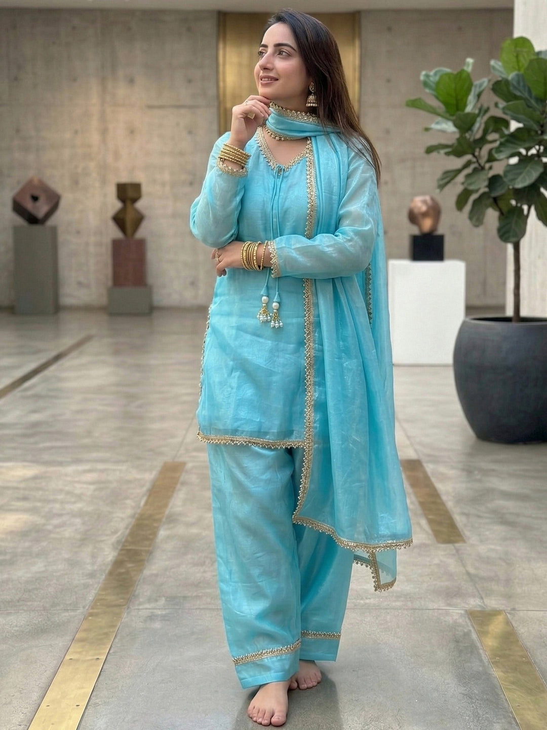 Sky Blue Embroidered Satin Kurta Salwar with Dupatta