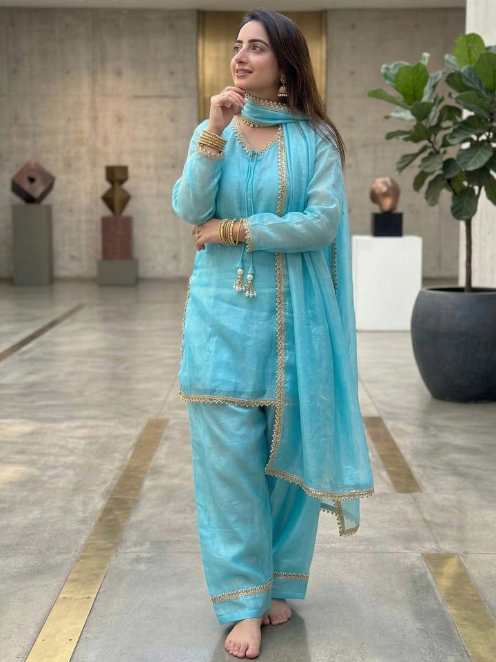 Sky Blue Embroidered Satin Kurta Salwar with Dupatta