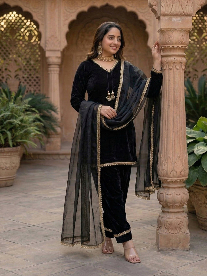 Black Embroidered Satin Kurta Salwar with Dupatta
