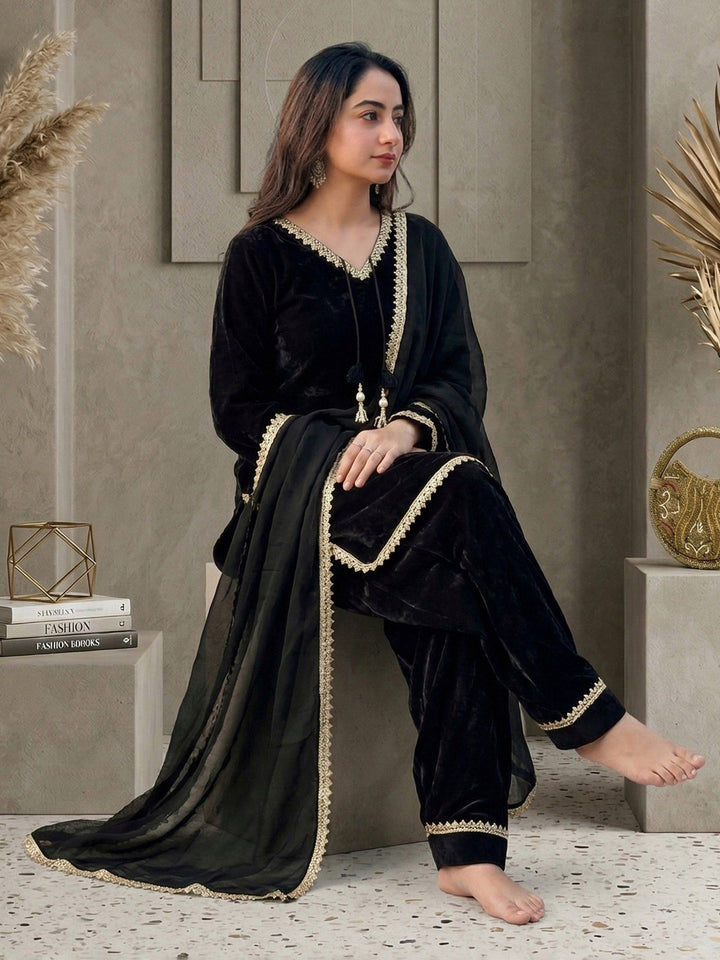 Black Embroidered Satin Kurta Salwar with Dupatta