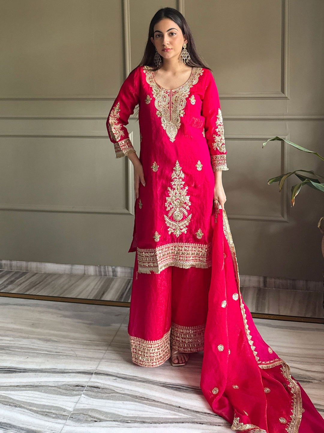 Rani Embroidered Satin Kurta Palazzo with Dupatta