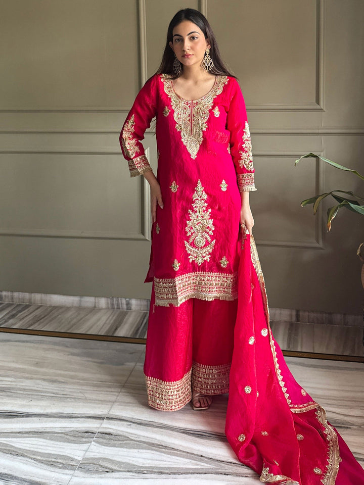 Rani Embroidered Satin Kurta Palazzo with Dupatta