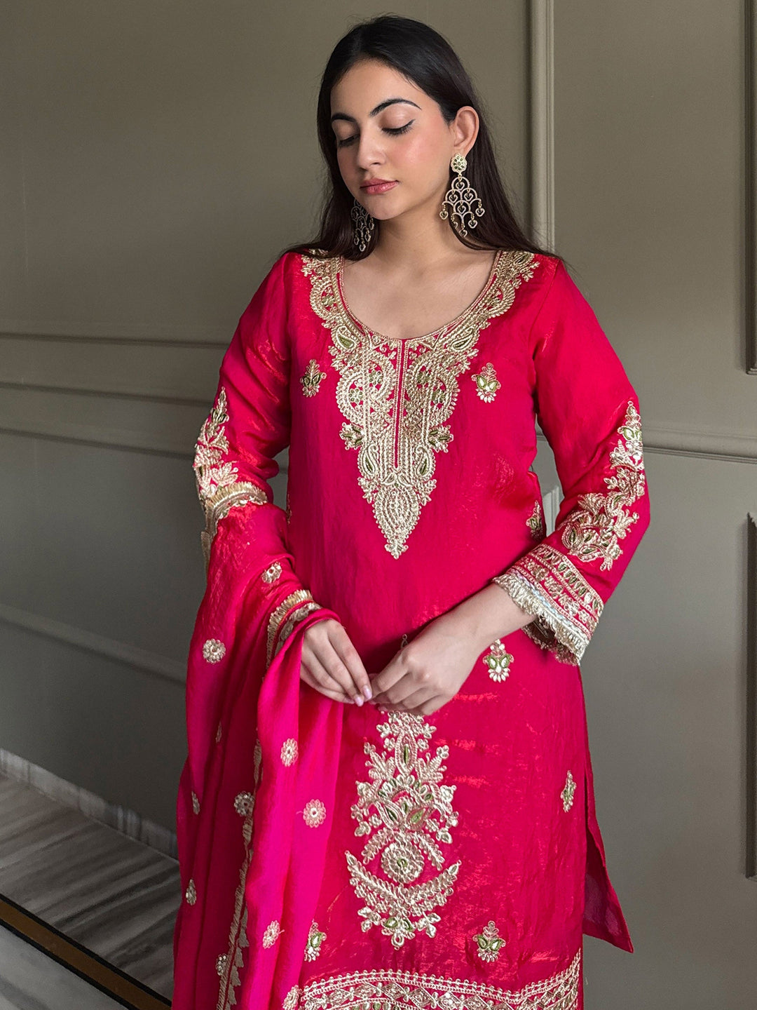 Rani Embroidered Satin Kurta Palazzo with Dupatta