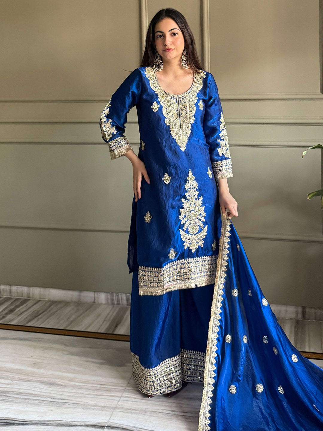 Blue Embroidered Satin Kurta Palazzo with Dupatta