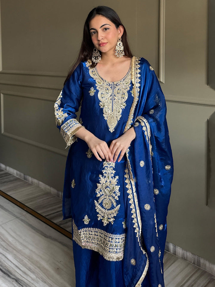 Blue Embroidered Satin Kurta Palazzo with Dupatta