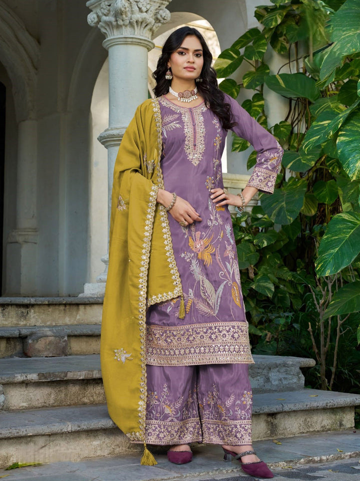 Lavender Embroidered Crepe Kurta Palazzo with Dupatta