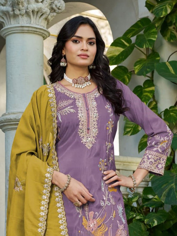 Lavender Embroidered Crepe Kurta Palazzo with Dupatta