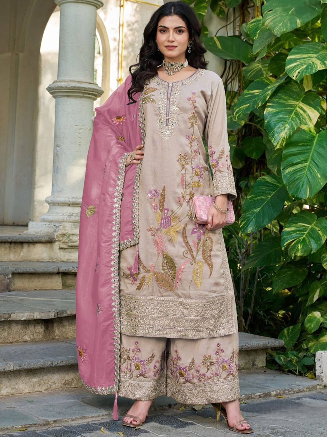 Grey Embroidered Crepe Kurta Palazzo with Dupatta