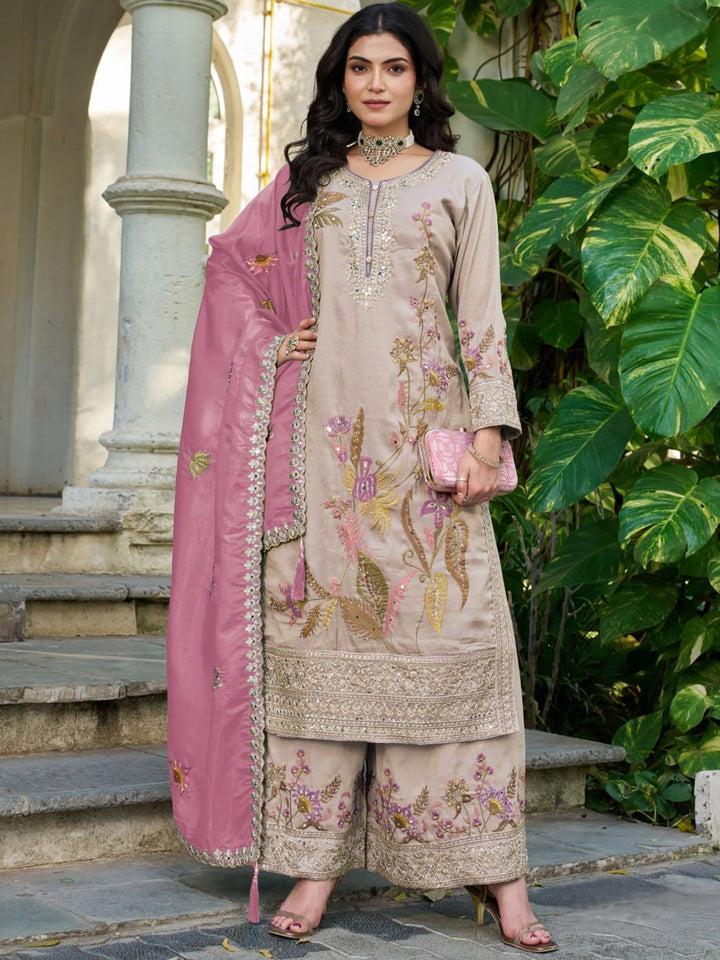 Grey Embroidered Crepe Kurta Palazzo with Dupatta
