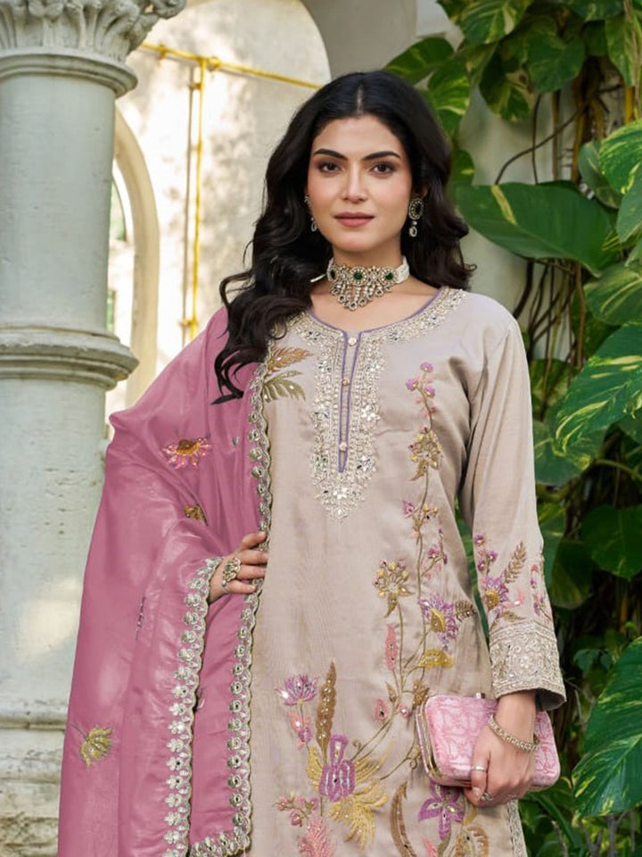Grey Embroidered Crepe Kurta Palazzo with Dupatta