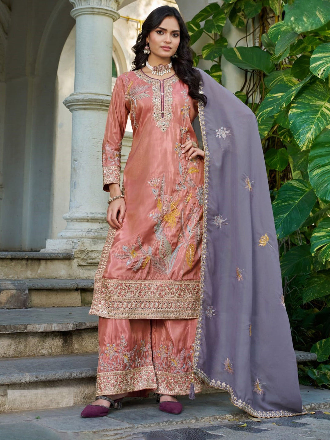 Peach Embroidered Crepe Kurta Palazzo with Dupatta
