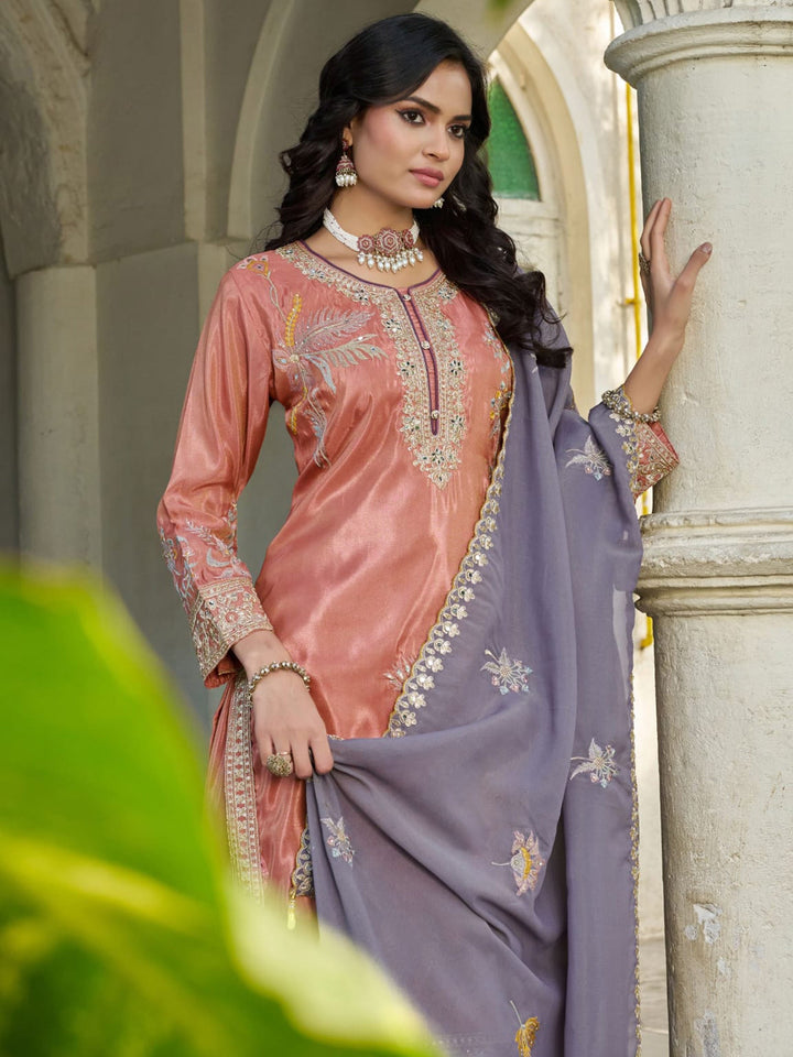 Peach Embroidered Crepe Kurta Palazzo with Dupatta