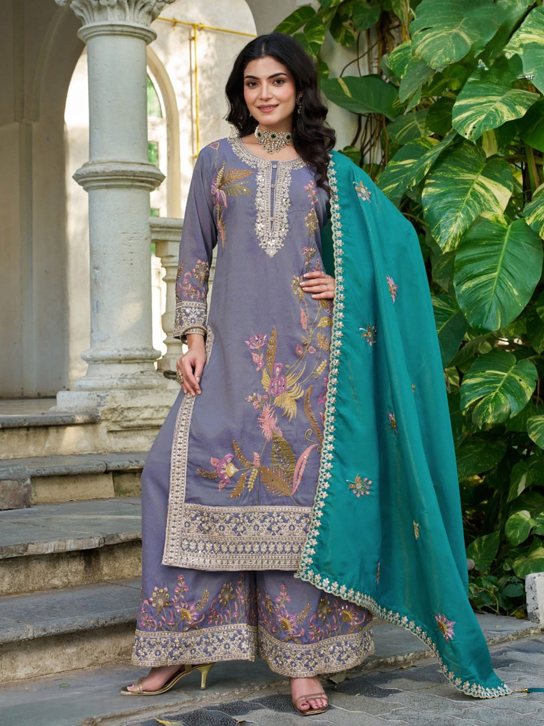 Blue Embroidered Crepe Kurta Palazzo with Dupatta