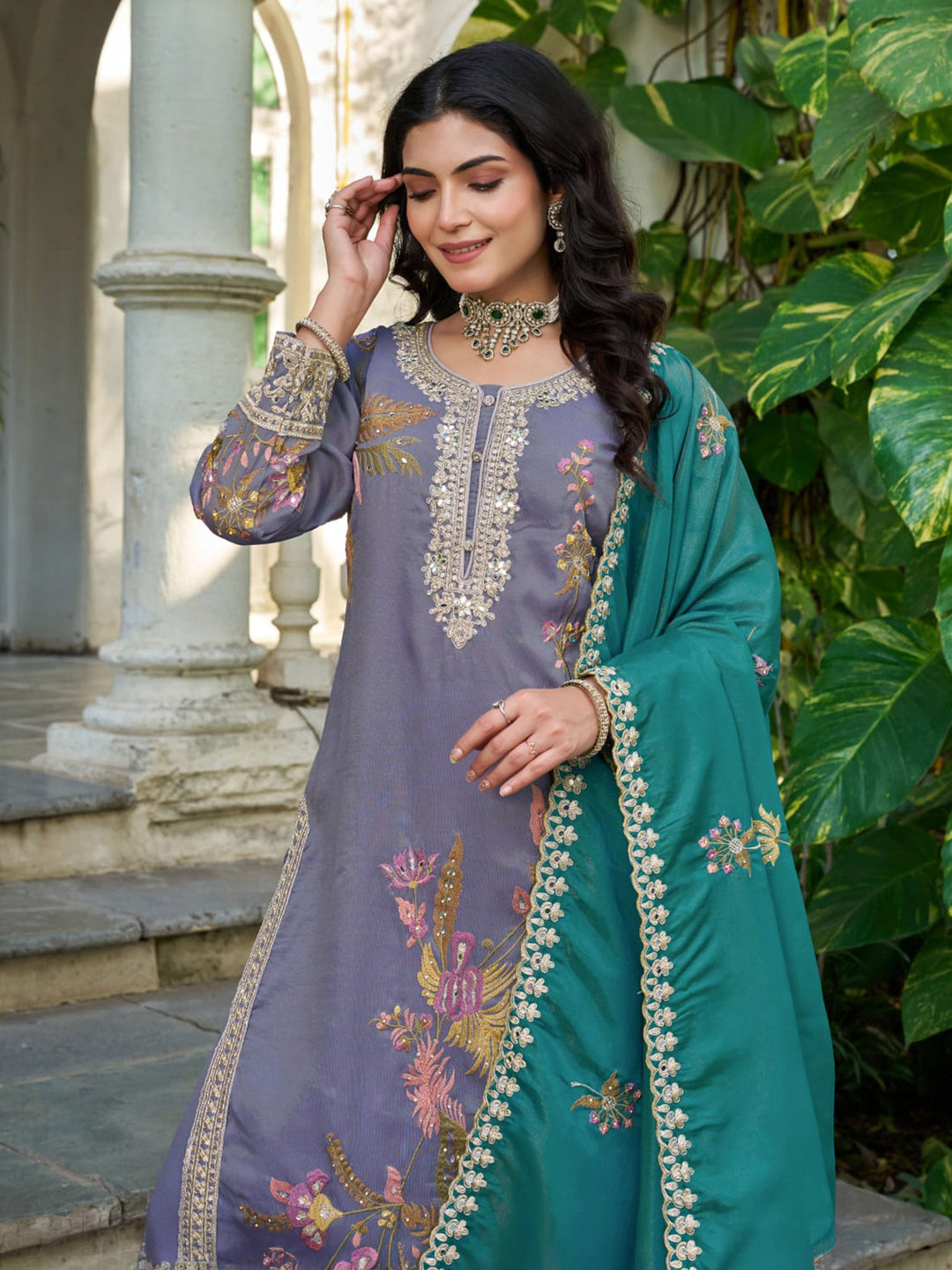 Blue Embroidered Crepe Kurta Palazzo with Dupatta