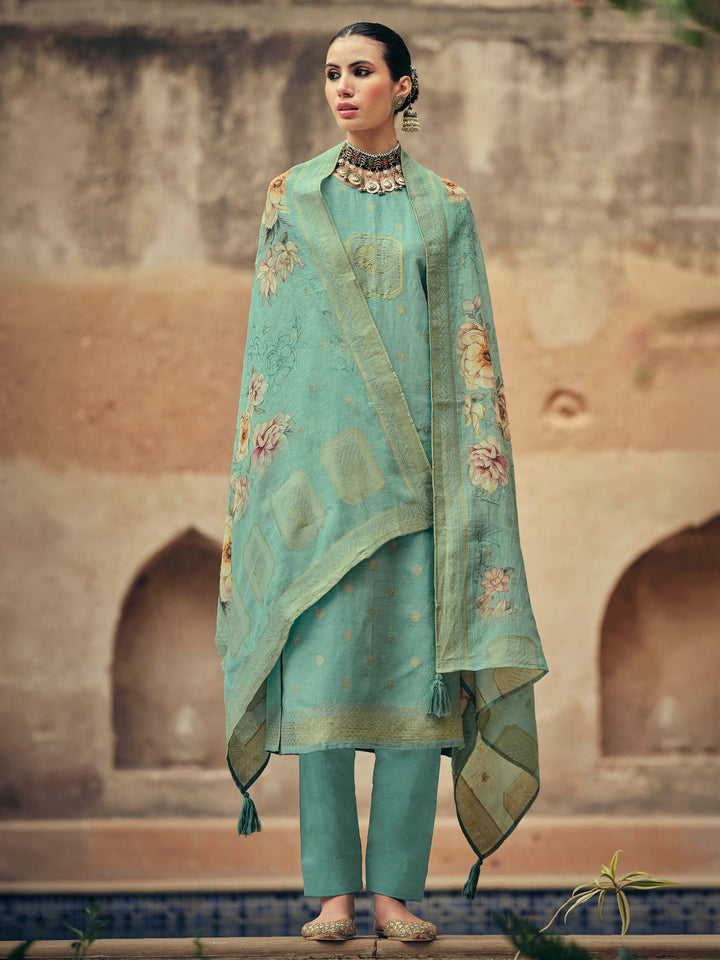 Sea Green Embroidered Art Silk Kurta Pant with Dupatta