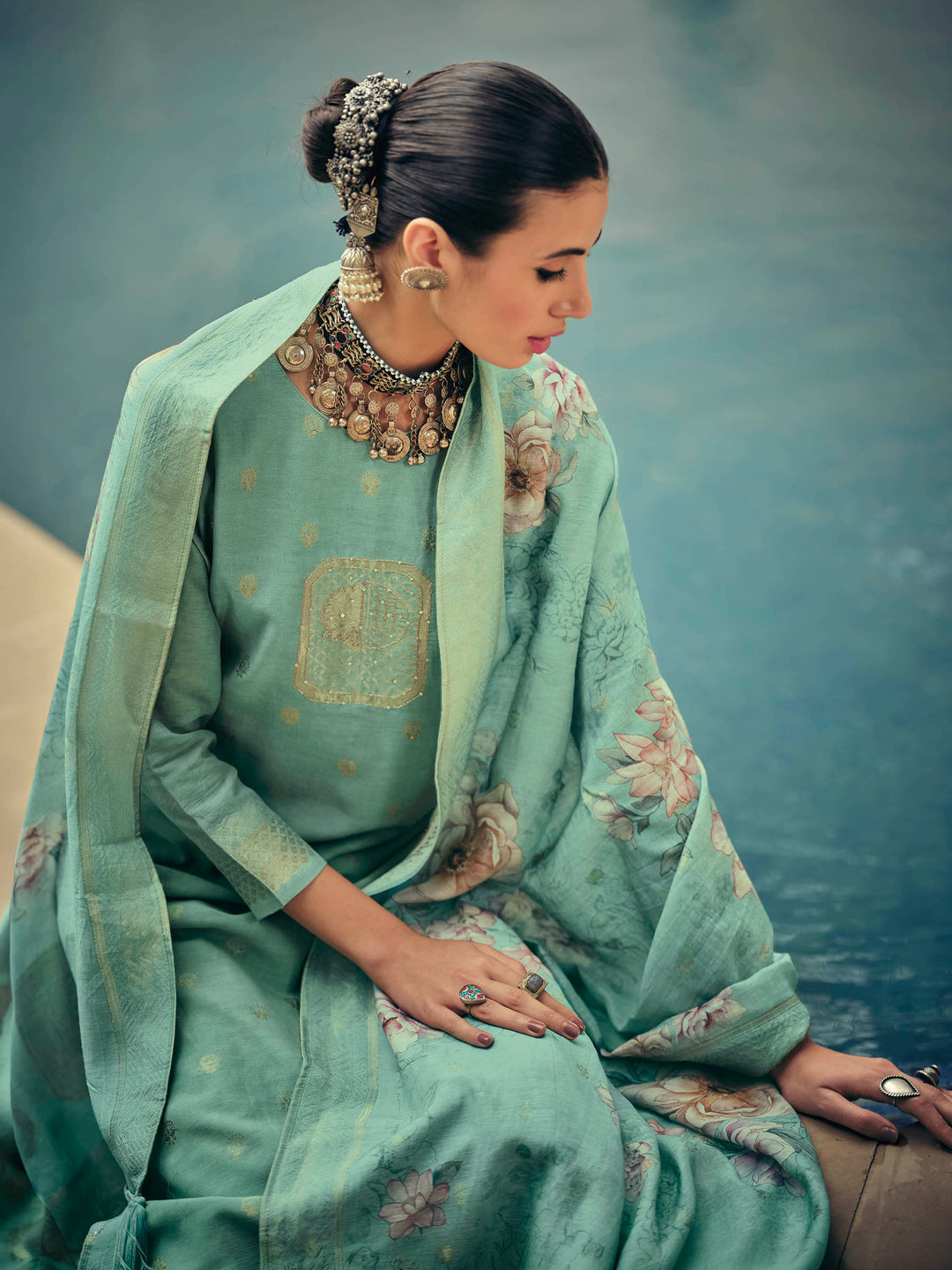 Sea Green Embroidered Art Silk Kurta Pant with Dupatta
