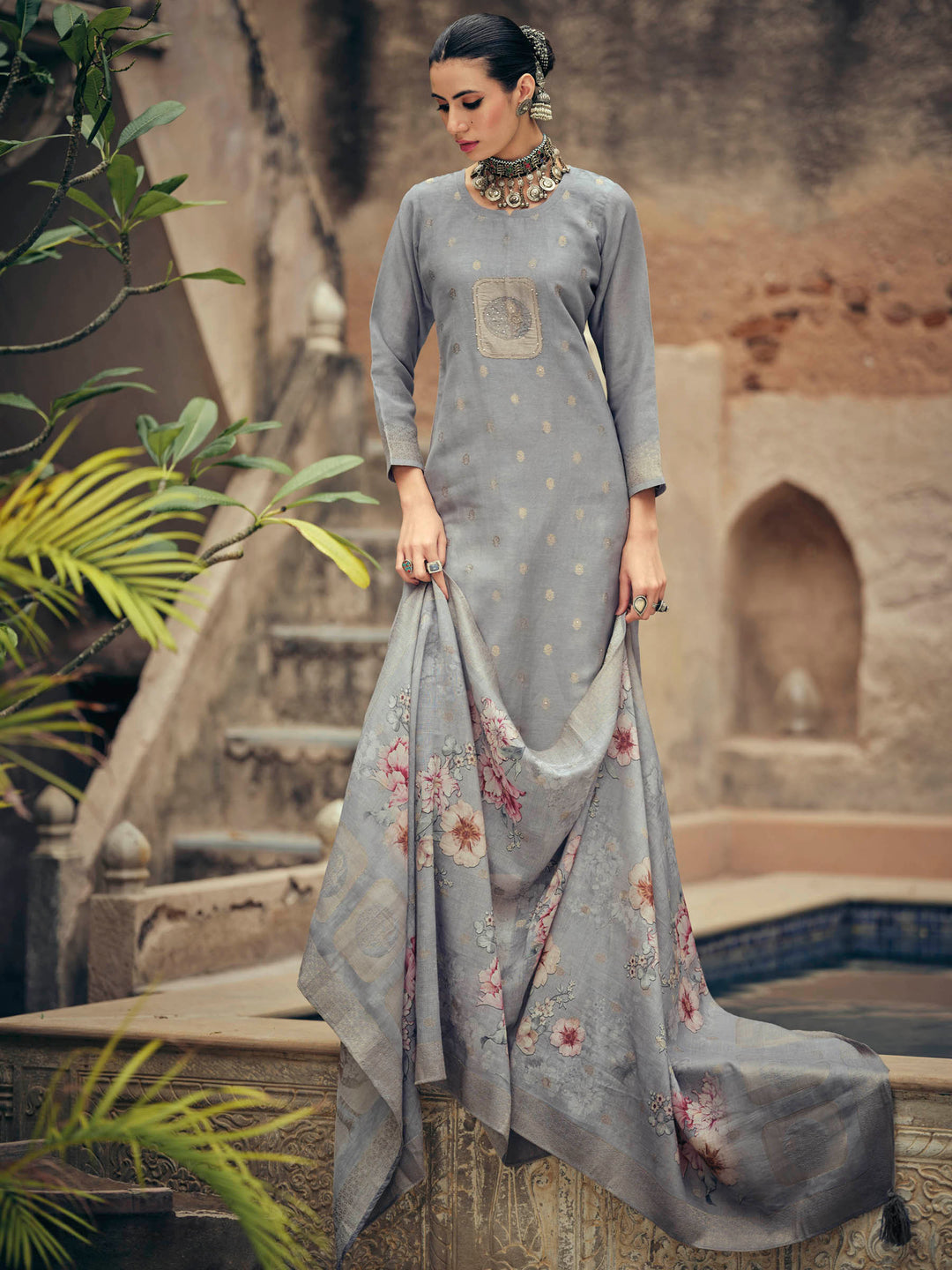 Blue Embroidered Art Silk Kurta Pant with Dupatta