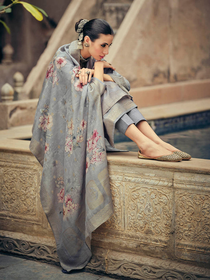 Blue Embroidered Art Silk Kurta Pant with Dupatta