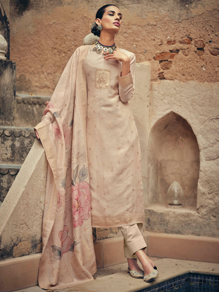 Cream Embroidered Art Silk Kurta Pant with Dupatta
