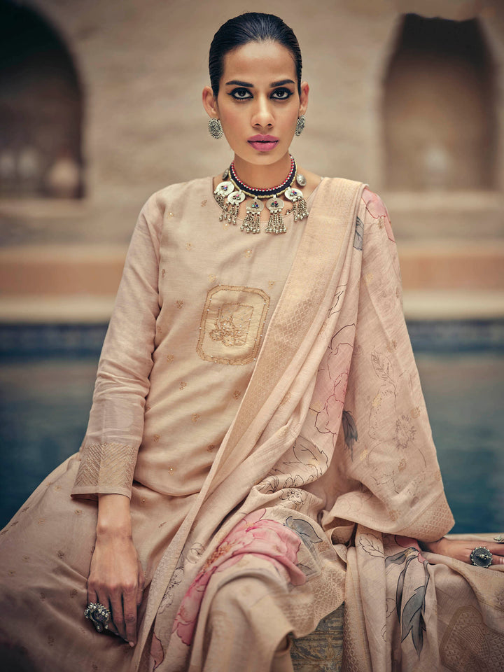 Cream Embroidered Art Silk Kurta Pant with Dupatta
