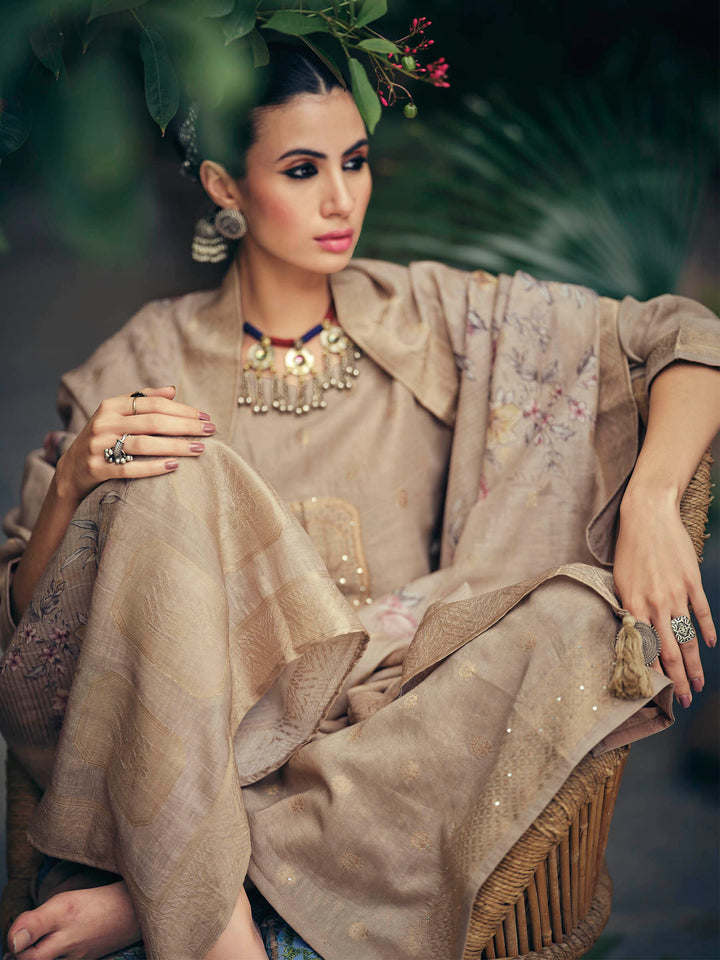 Grey Embroidered Art Silk Kurta Pant with Dupatta