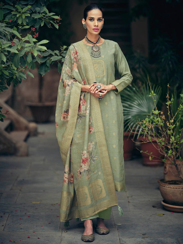 Green Embroidered Art Silk Kurta Pant with Dupatta