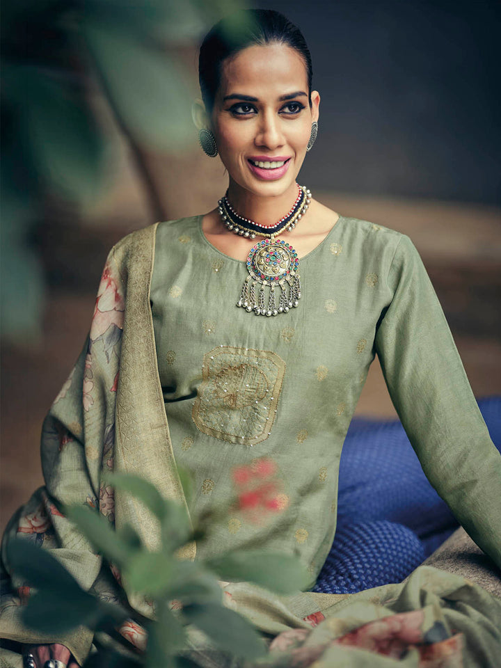Green Embroidered Art Silk Kurta Pant with Dupatta