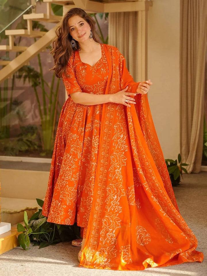 Orange Embroidered Muslin Kurta Palazzo with Dupatta